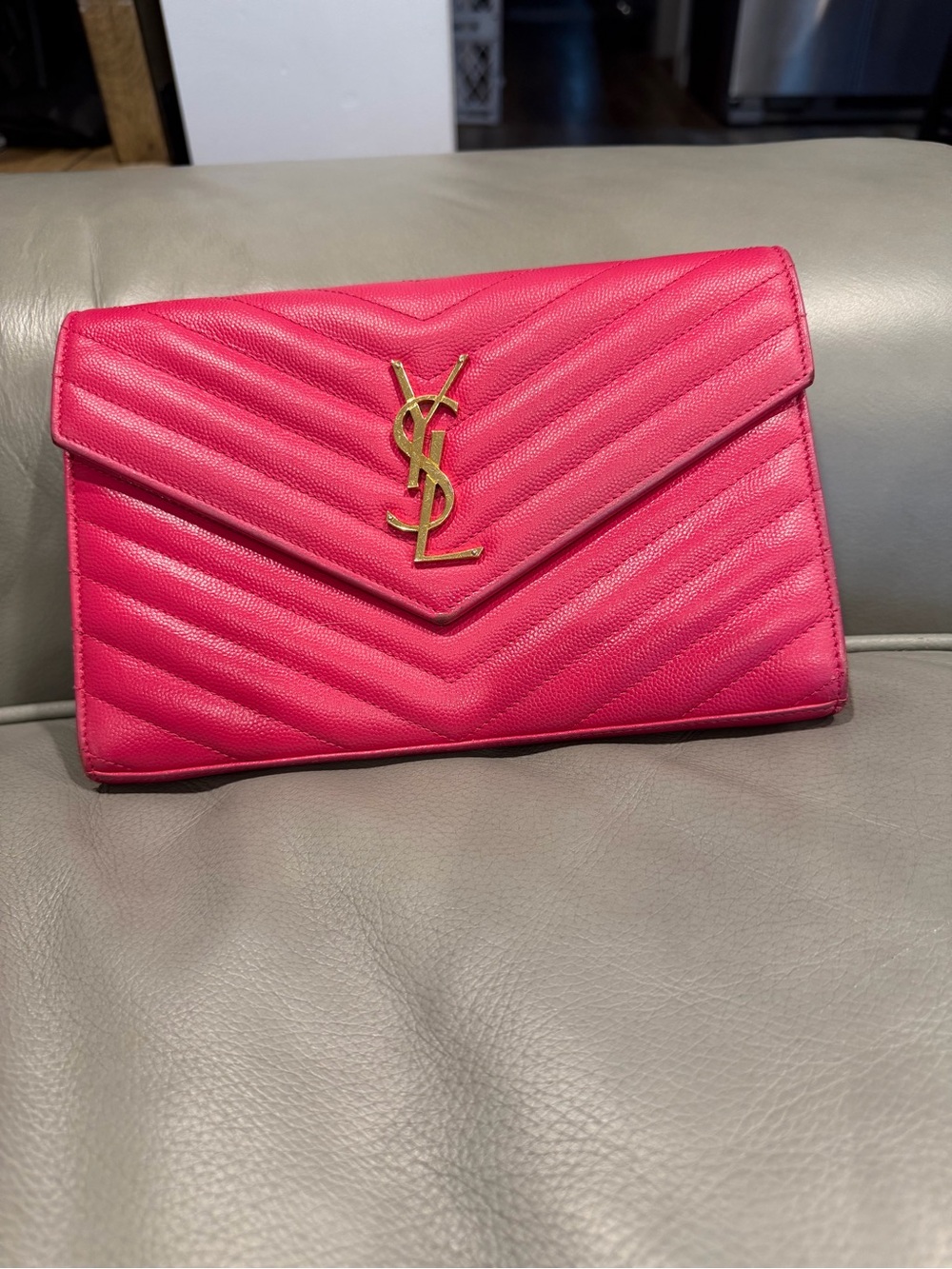 Saint Laurent Hot Pink Quilted YSL Envelope Clutch with Gold Hardware - Picture 2 of 8